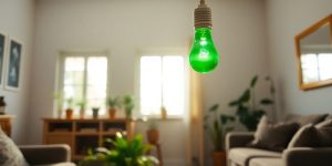 Green lightbulb glowing brightly in a cozy home setting.