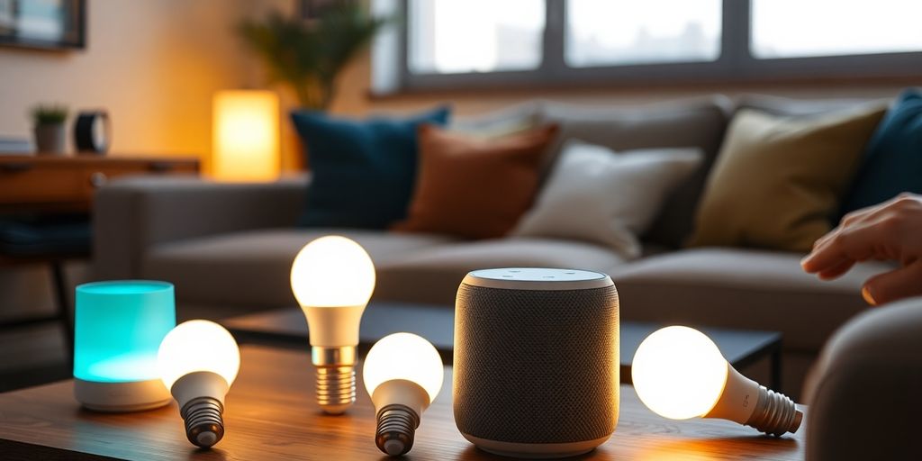 Smart home devices connecting in a living room.