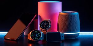 Sleek smart devices glowing with modern technology.