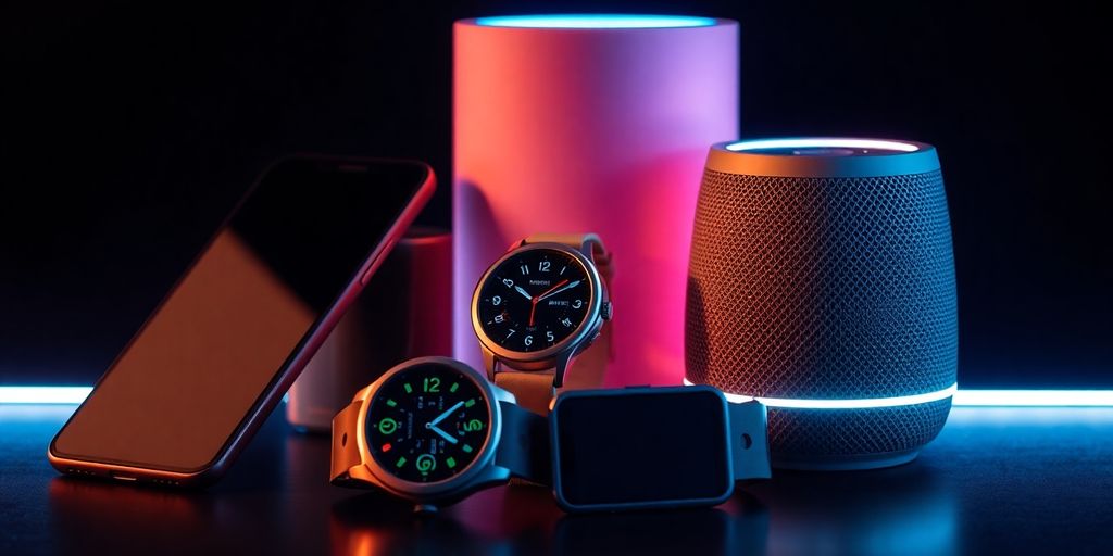 Sleek smart devices glowing with modern technology.