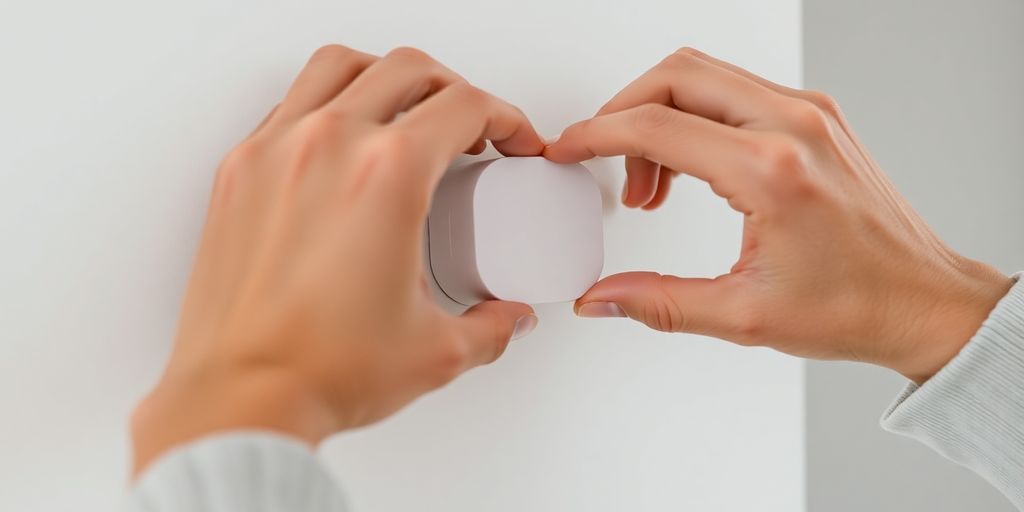 Hands installing a wireless home sensor on a wall.